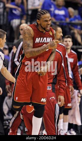 NO FILM, NO VIDEO, NO TV, NO DOCUMENTARY - Miami Heat power forward Udonis Haslem (40) yells as the clock runs out at the end of Game 3 of the NBA Finals at American Airlines Center in Dallas, TX, USA on June 5, 2011. The Miami Heat defeated the Dallas Mavericks, 88-86. Photo by Paul Moseley/Fort Worth Star-Telegram/MCT/ABACAPRESS.COM Stock Photo