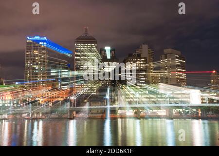 Zoom Burst Photo of Brisbane City Skyline at Night, Queensland, Australia Stock Photo