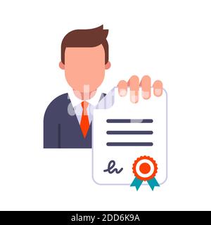 manager in a suit holds a document in his hand. present a signed and sealed contract. flat vector illustration isolated on white background. Stock Vector