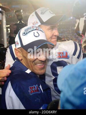 NO FILM, NO VIDEO, NO TV, NO DOCUMENTARY - The Indianapolis Colts' head coach Tony Dungy and quarterback Peyton Manning hug after the Colts' 29-17 victory over the Chicago Bears in Super Bowl XLI in Miami, FL, USA on February 4, 2007. Photo by Al Diaz/Miami Herald/MCT/Cameleon/ABACAPRESS.COM Stock Photo