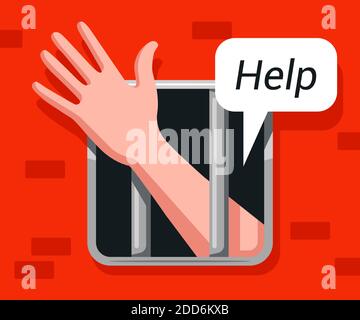a prisoner reaches out his hand from a prison cell and asks for help. flat vector illustration. Stock Vector