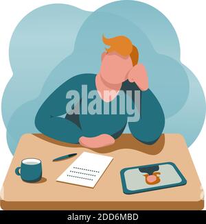 A man in blue is sitting and learning online Stock Vector