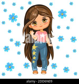 Cute little girl in jeans with stars. Cheerful funny child in a good mood. The isolated object on a white background. Young baby in beachwear. Cartoon Stock Photo