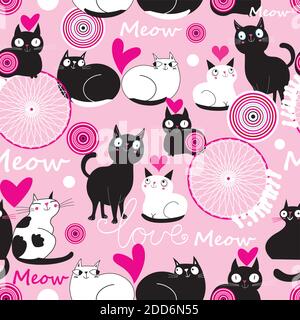 Seamless holiday pattern with loving cats on a beautiful background. Beautiful ornament with cats for Valentine's Day. Stock Vector
