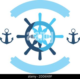 nautical helm with anchors and ribbons design sea ocean navigation travel underwater water and marine theme Vector illustration Stock Vector