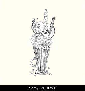 Monster shake dessert, isolated background. Hand drawn black and white art, sketch style Chocolate, donut, ice cream, candy, cookies, marshmallow Stock Vector