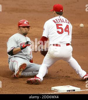 NO FILM, NO VIDEO, NO TV, NO DOCUMENTARY - St. Louis Cardinals starting pitcher Randy Keisler is unable to contain the throw from shortstop Aaron Miles as Cincinnati Reds' Alex Gonzalez (left) races back to first in the third inning at Busch Stadium in St. Louis, Missouri, USA, on April 26, 2007. Photo by Chris Lee/St. Louis Post-Dispatch/MCT/ABACAPRESS.COM Stock Photo