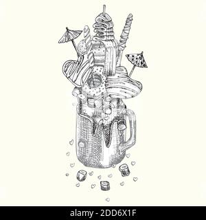 Monster shake dessert, isolated background. Hand drawn black and white art, sketch style Chocolate, donut, ice cream, candy, cookies, marshmallow Stock Vector