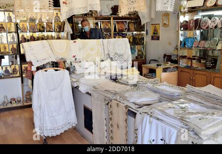 Interior of shop selling Cyprus made lace, old town South Nicosia Stock Photo