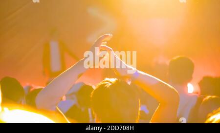 Teenage boy partying and clapping in front of stage at rock concert: back view Stock Photo