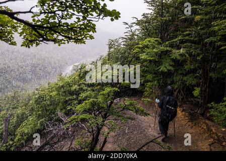 Hiking Ascensio Valley in snow, Torres del Paine National Park (Parque Nacional Torres del Paine), Patagonia, Chile, South America Stock Photo