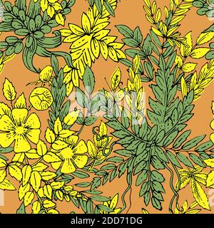 Floral ornament. Plexus of branches and leaves of trees, shrubs and herbs. Decorative and wild flowers. Seamless. Beautiful summer, spring composition Stock Photo