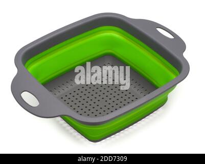 Colander, plastic kitchen utensils on white background. Stock Photo