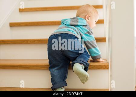 Baby boy trying to crowl up the srairs Stock Photo