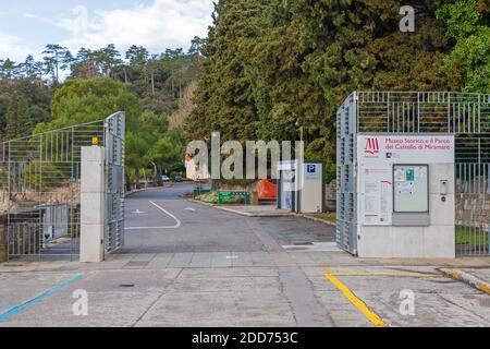 Trieste, Italy - March 7, 2020: Entrance to Historical Museum and Castle Miramare in Trieste, Italy. Stock Photo