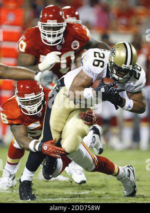 NO FILM, NO VIDEO, NO TV, NO DOCUMENTARY - Kansas City Chiefs linebacker Derrick Johnson brings down New Orleans Saints running back Deuce McAllister in the second quarter of a NFL preseason football game at Arrowhead Stadium in Kansas City, MO, USA on August 23, 2007 . Photo by Mike Ransdell/Kansas City Star/MCT/Cameleon/ABACAPRESS.COM Stock Photo