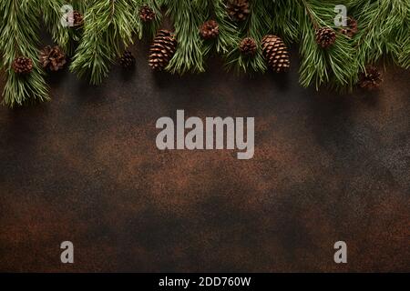 Border from decorative fir branches and red Christmas balls on a blue ...