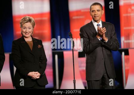 NO FILM, NO VIDEO, NO TV, NO DOCUMENTARY - Democratic presidential candidate Sen. Hillary Clinton (right) smiles to someone in the audience before the start of the Democratic presidential debate at Drexel University in Philadelphia, PA, USA, on October 30, 2007. Sen. Barack Obama is pictured at right. Photo by Michael Perez/Philadelphia Inquirer/MCT/ABACAPRESS.COM Stock Photo