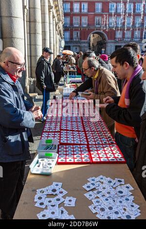 Stamp collection vendor stand in Plaza Mayor, Christmas market, Madrid, Spain Stock Photo