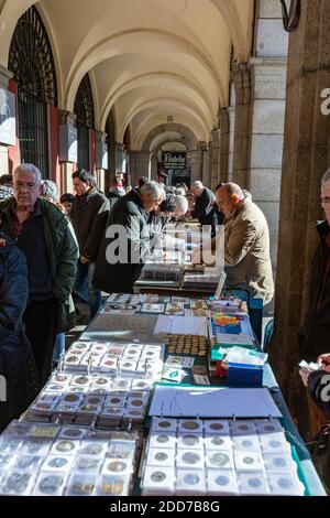 Stamp collection vendor stand in Plaza Mayor, Christmas market, Madrid, Spain Stock Photo