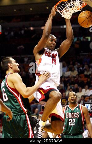 NO FILM, NO VIDEO, NO TV, NO DOCUMENTARY - Miami Heat's Mark Blount dunks as Milwaukee Bucks' Andrew Bogut and Micheal Redd defend during first half action at the American Airlines Arena in Miami, FL, USA on January 2, 2008. Milwaukee Bucks won 103-98. Photo by Jeffrey M. Boan/El Nuevo Herald/MCT/Cameleon/ABACAPRESS.COM Stock Photo