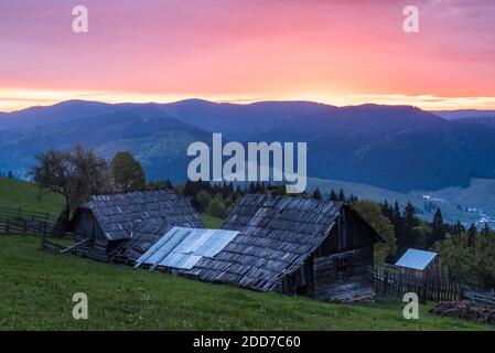 Rural Romanian landscape at sunrise in the Bukovina Region (Bucovina), Paltinu, Romania Stock Photo