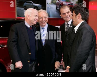 NO FILM, NO VIDEO, NO TV, NO DOCUMENTARY - Republican presidential hopeful John McCain and Sen. Joe Lieberman tour the General Motors exhibit with Mark LaNeve, GM's North America vice president vehicle sales-service and marketing, and Bryan Nesbitt, GM's vice president global design, (left-right) at the 2008 North American International Auto Show in Detroit, MI, USA, on January 14, 2008, Photo by Jeffrey Sauger/General Motors/MCT/ABACAPRESS.COM Stock Photo
