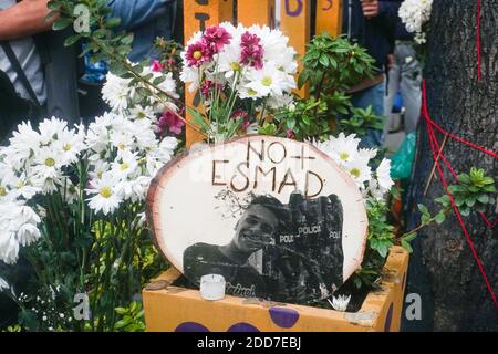 The sister of the student Dilan Cruz makes an altar in memory of her brother for the murder a year ago by an agent of the mobile anti-riot squad ESMAD Stock Photo