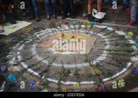 The sister of the student Dilan Cruz makes an altar in memory of her brother for the murder a year ago by an agent of the mobile anti-riot squad ESMAD Stock Photo