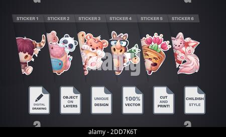 Set cute animal cartoon sticker. Vector eps 10 Stock Vector
