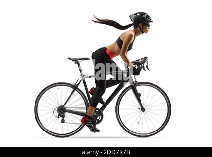 Full length profile shot of a female cyclist with a long ponytail waving, riding a road bicycle isolated on white background Stock Photo
