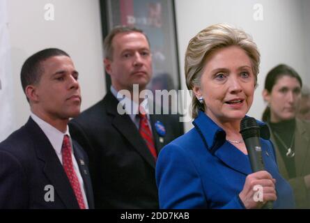 NO FILM, NO VIDEO, NO TV, NO DOCUMENTARY - Democratic presidential hopeful Sen. Hillary Clinton (D-NY) speaks during a campaign rally, as Maryland Lt. Governor Anthony Brown, left, and Gov. Martin O'Malley listen, at General Motors' Allison Transmission Plant in White Marsh, MD, USA on Monday, February 11, 2008. Photo by Jed Kirschbaum/Baltimore Sun/MCT/ABACAPRESS.COM Stock Photo