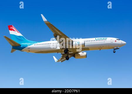 Luxemburg, Luxembourg - June 24, 2020: Luxair Boeing 737-800 airplane at Luxemburg Airport in Luxembourg. Boeing is an American aircraft manufacturer Stock Photo