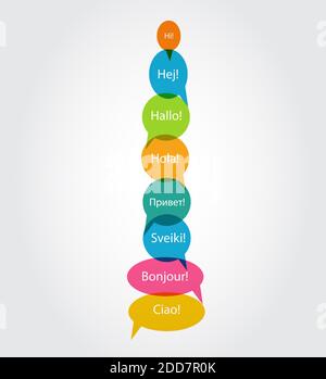 Set of Speech Bubble with Hello Word on Different Languages (Danish, Spanish, Russian, English, German, Italian, Lithuanian, French) Illustration Stock Photo