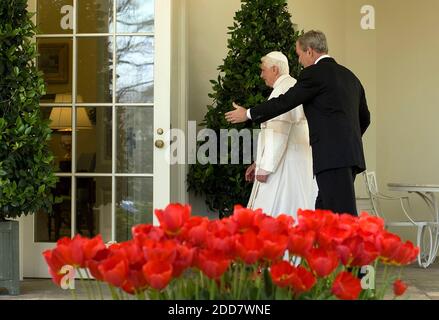 NO FILM, NO VIDEO, NO TV, NO DOCUMENTARY - U.S. President George W. Bush escorts Pope Benedict XVI walk to the Oval Office following a welcome ceremony on the South Lawn of the White House in Washington, DC, on April 16, 2008. Photo by Chuck Kennedy/MCT/ABACAPRESS.COM Stock Photo