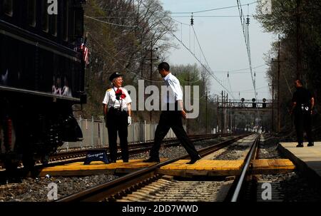 NO FILM, NO VIDEO, NO TV, NO DOCUMENTARY - Senator Barack Obama boards the train after speaking at the 'On Track for Change' rally at the train station in Paoli, PA, USA, on April 19, 2008. He is welcomed by conductor Barbara Hague. Photo by Sarah J. Glover/Philadelphia Inquirer/MCT/ABACAPRESS.COM Stock Photo