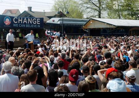 NO FILM, NO VIDEO, NO TV, NO DOCUMENTARY - Democratic presidential candidate Senator Barack Obama speaks at the 'On Track for Change' at the train station in Wynnewood, PA, USA, Saturday, on April 19, 2008. Senator Bob Casey (D-PA) stands on the left. Photo by Sarah J. Glover/Philadelphia Inquirer/MCT/ABACAPRESS.COM Stock Photo