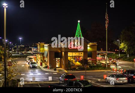 Augusta, Ga  USA - 11 21 20: Chick Fil A at night with Christmas decorations Stock Photo
