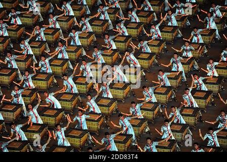 NO FILM, NO VIDEO, NO TV, NO DOCUMENTARY - Drummers perform in the National Stadium during the opening ceremony on August 8, 2008, to kick of the Games of the XXIX Olympiad in Beijing, China. Photo by David Eulitt/Kansas City StarMCT/Cameleon/ABACAPRESS.COM Stock Photo