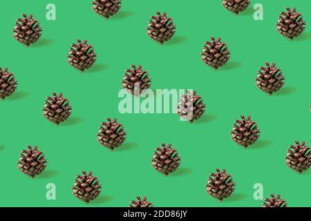 Seamless christmas pattern from Pine cones on green background. Stock Photo