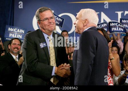 NO FILM, NO VIDEO, NO TV, NO DOCUMENTARY - File photo : Republican presidential nominee Arizona Sen. John McCain is welcomed by former Florida Gov. Jeb Bush during a town hall meeting at the Asociacion Borinquena de Florida Central in east Orlando, FL, USA on Monday, September 15, 2008. Appearing before a raucous rally in front of thousands of supporters in Miami on Monday June 15, 2015, former Florida governor Jeb Bush officially launched his presidential election campaign. Photo by Joe Burbank/Orlando Sentinel/MCT/ABACAPRESS.COM Stock Photo