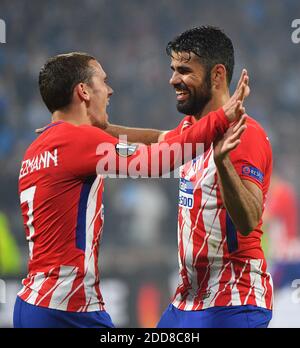 Atletico Madrid's Antoine Griezmann (left) and Diego Costa celebrate during the UEFA Europa League final match Marseille v Atletico Madrid in Lyon, France, on May 16, 2018. Atletico won 3-0 and its 3rd title. Photo by Christian Liewig/ABACAPRESS.COM Stock Photo