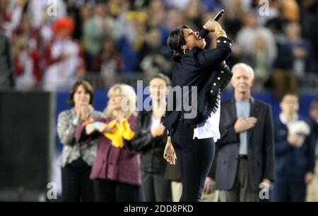 NO FILM, NO VIDEO, NO TV, NO DOCUMENTARY - Jennifer Hudson sings the National Anthem as US Airways pilot Chesley 'Sully' Sullenberger and the crew from Flight 1549 salute before the Pittsburgh Steelers face the Arizona Cardinals in Super Bowl XLIII at Raymond James Stadium in Tampa, FL, USA on February 1, 2009. Photo by Gary W. Green/Orlando Sentinel/MCT/Cameleon/ABACAPRESS.COM Stock Photo