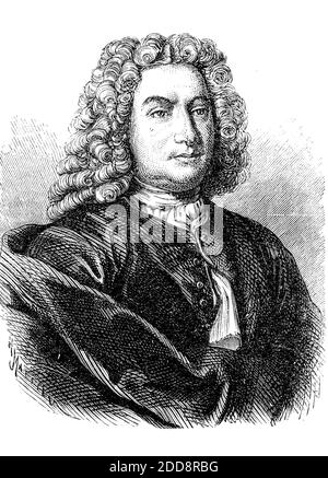 Daniel Bernoulli, 8 February 1700 - 17 March 1782, Swiss mathematician and physicist and was one of the many prominent mathematicians in the Bernoulli family from Basel  /  Daniel Bernoulli, 8. Februar 1700 - 17. März 1782, ein Schweizer Mathematiker und Physiker aus der Gelehrtenfamilie Bernoulli, Historisch, historical, digital improved reproduction of an original from the 19th century / digitale Reproduktion einer Originalvorlage aus dem 19. Jahrhundert, Stock Photo