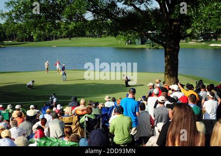 NO FILM, NO VIDEO, NO TV, NO DOCUMENTARY - Tiger Woods lines up his putt attempt on the 17th green during the second round of the 2009 Quail Hollow Championship at Quail Hollow Club in Charlotte, NC, USA on May 1, 2009. Photo by Jeff Siner/Charlotte Observer/MCT/Cameleon/ABACAPRESS.COM Stock Photo