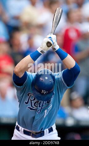 NO FILM, NO VIDEO, NO TV, NO DOCUMENTARY - The Kansas City Royals' Mike Jacobs slams his bat down after popping out with the bases loaded to end the eighth inning against the St. Louis Cardinals. The Cardinals defeated the Royals, 7-1, at Kauffman Stadium in Kansas City, MO, USA on June 20, 2009. Photo by John Sleezer/Kansas City Star/MCT/Cameleon/ABACAPRESS.COM Stock Photo