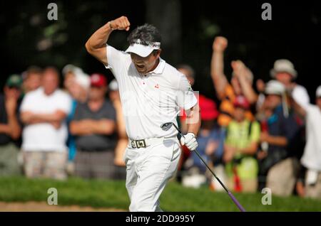 NO FILM, NO VIDEO, NO TV, NO DOCUMENTARY - Y. E. Yang celebrates his chip for eagle on the 14th hole during the final round of the PGA Championship at Hazeltine National Golf Club in Chaska, MN, USa on August 16, 2009. Photo by Anthony Souffle/Minneapolis Star Tribune/MCT/Cameleon/ABACAPRESS.COM Stock Photo