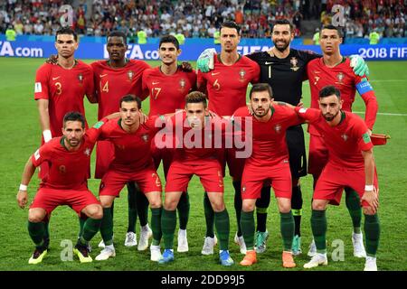 Team of Portugal - standing from left: Pepe-- William Carvalho-- Goncalo Guedes--Jose Fonte--Rui Patricio--Cristiano Ronaldo. down from left: Joao Moutinho--Cedric Soares--Raphael Guerreiro-- Bernardo Silva--Bruno Fernande during FIFA World Cup Group B football match Portugal v Spain at Fisht Olymipic Stadium in Sochi Russia on June 15, 2018. Photo by Giuliano BevilacquaABACAPRESS.COM Stock Photo