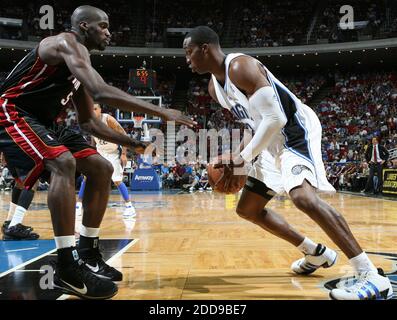 NO FILM, NO VIDEO, NO TV, NO DOCUMENTARY - Orlando Magic center Dwight Howard (12) drives against Miami Heat center Joel Anthony (50) during their preseason game at Amway Arena in Orlando, FL, USA on October 7, 2009. Photo by Gary W. Green/Orlando Sentinel/MCT/Cameleon/ABACAPRESS.COM Stock Photo