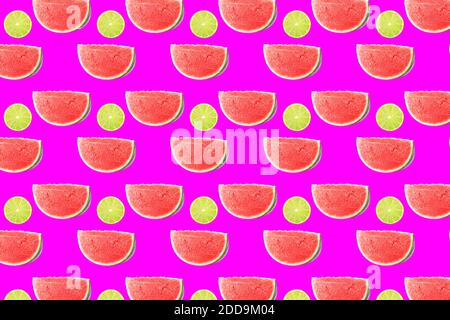 Creative layout of seamless fruits pattern photo. Watermelon and lemon slices on neon pink background. Collage art. Healthy vitamines eating concept. Stock Photo